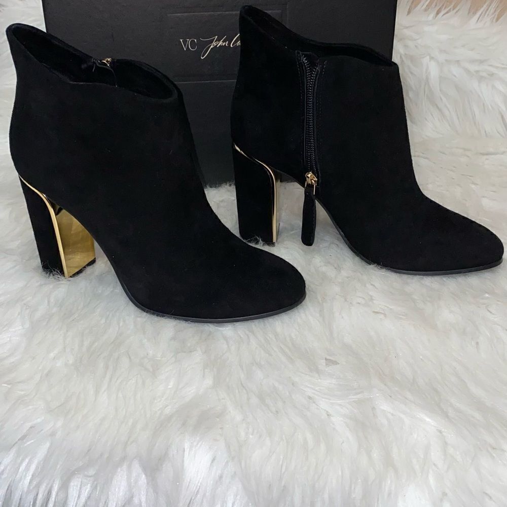 VC John Camuto Black True Suede Booties with Gold Trim - Picture 3 of 14